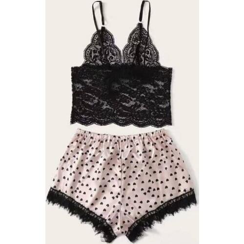 Sexy Pajamas Set Women Panties Lingerie Sexy Dot Lace Splice Panel Camisole Sleeveless Home Sleepwear Sexy Mujer Hot