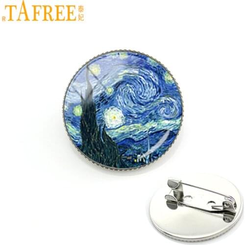 TAFREE Bezel Brooches Glass Round Van Gogh Starry Night Abstract Art Wedding KC209