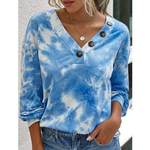 Dye Tie Button Top Fashion Women Casual V-neck Long Sleeve Autumn Shirt 2020 Female Ladies Clothes AM2184