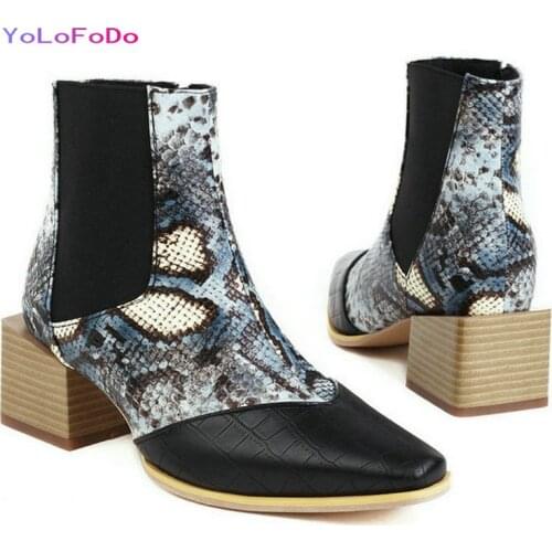 2021 Autumn Winter Women Ankle Boots PU Leather Square Heel Ladies Short Boots Fashion Mixed Color Round Toe Womens Shoes Black