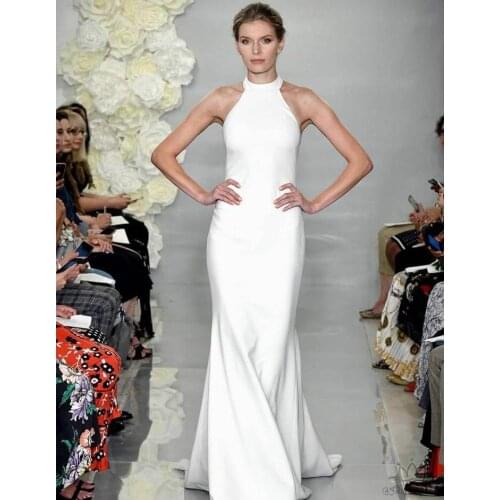 Womens Long Mermaid Stretchy Wedding Dresses Criss Cross Back Court Train Satin Pleated Bridal Gown