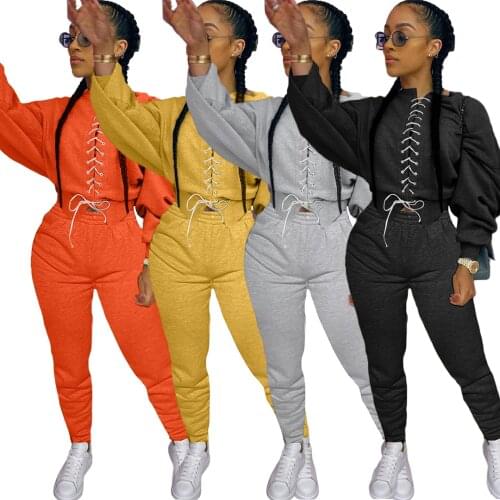 Women Fashion Casual Two Piece Sets Lace Up Long Sleeve Pullovers Pants Plus Size Autumn Solid Tracksuits 2020 New Hot