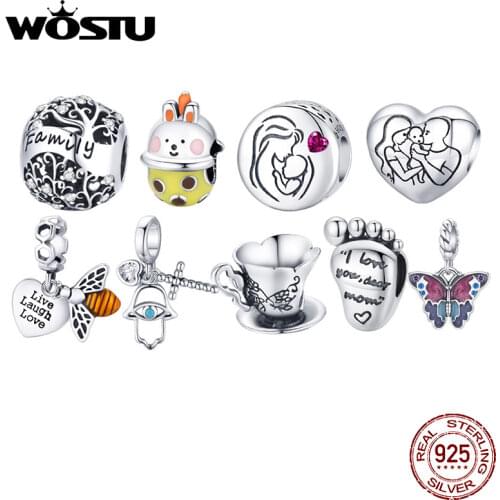 WOSTU 925 Sterling Silver Family Tree Charms Teacup Love Bead Pendant Fit Original Bracelet Necklace For Women Fine Jewelry