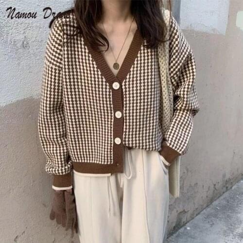 Namou Drane Korea Fall 2021 New Loose Sweater Cardigan Sweater Fashion Contrast Color V-neck Plaid Sweater Women cardigan women