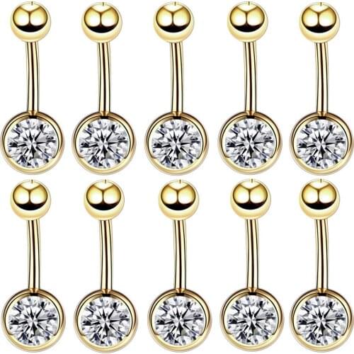 10PCS Piercing Surgical Steel Single Crystal Rhinestone Belly Button Rings Gold Navel Piercings Ombligo 5/8mm Ball Nombril