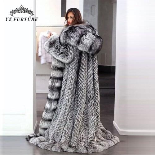 2020 Fashion Winter Real Fox Fur Outerwear Coats Women Real Silver Fox Genuine Leather Female Coat Hooded Long Coat Women