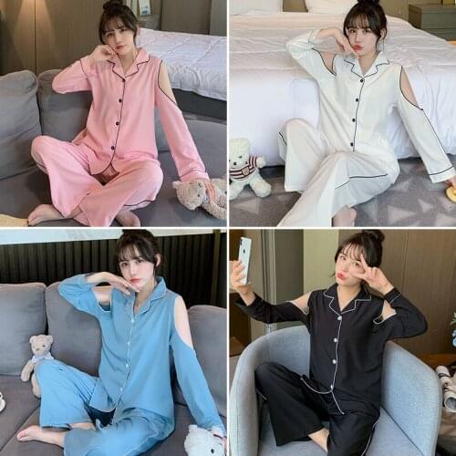 2021 Spring New Fashion Solid Womens Pajamas Set Long Sleeve Strapless Sleepwear Top For Ladies Sexy Loose Soft Home Nightwear