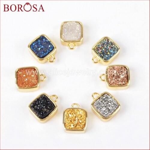 BOROSA Drusy Crystal Charm Bead Square Gold Bezel Natural Stone Titanium Rainbow Druzy Charm Pendant Bead for Women ZG0141