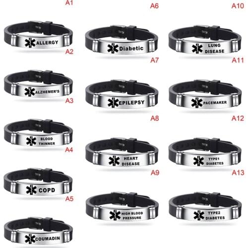 Adjustable Stainless Steel Silicone Medical Alert ID Bracelet DIABETIC EPILEPSY Bracelets Engraving Wristband For Men