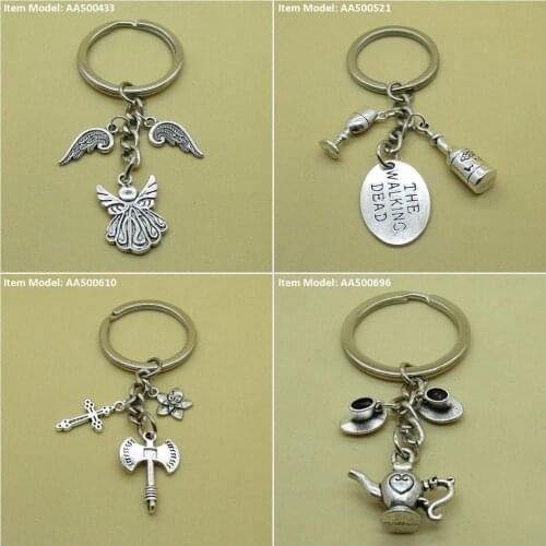 Keychain Keyring Wing Cupid Angel Dead Walking The Bottle Goblet Glass Wine Wineglass Hatchet Axe Cross Latin Blossom Cherry