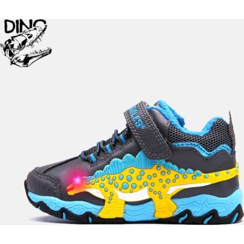 DINO Dinosaur Blinking LED Mid-Top Shoes 3-8Y Children Winter Snow Boots Boys Leather Warm Plush Eye Flashing Casual Sneakers