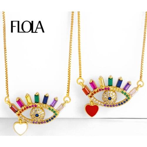 FLOLA CZ Necklace Rainbow Zircon with Charm Rainbow Greek Eye Jewelry for Woman colar olho grego Gold Evil Eye Necklace nkep86