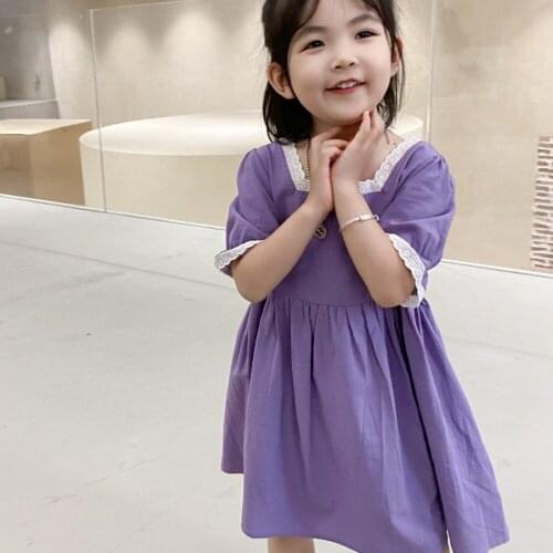 Lace Patchwork Dress for Kids 2021 Fashion Childrens Summer Clothing Puff Sleeve A-Line Dress Square Collar Knee-Length Dress