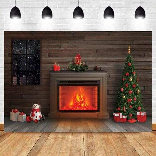 Laeacco Christmas Tree Wooden House Fireplace Gift Birthday Photography Backdrop Photographic Photo Background For Photo Studio