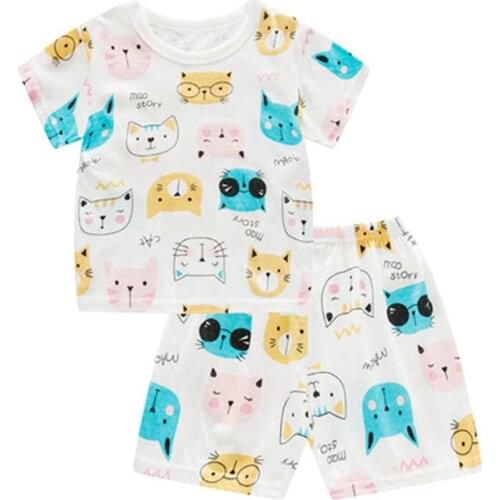 Cute Childrens Summer Pajamas Clothing Set Cartoon Boys & Girls Sleepwear Suits Kids Short Sleeve Top + Pants Baby Home Clothes