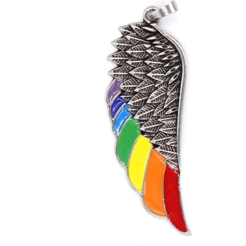 Trendy-beads Antique Silver Plated Black Alloy Rainbow Enamel Pendant Angel Wing Jewelry