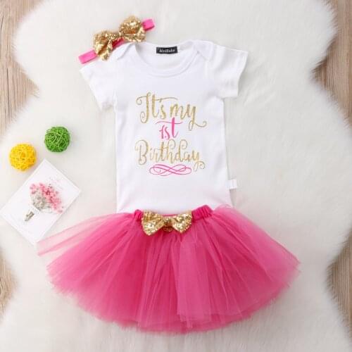 My 1st Birthday Clothes Sets Baby Girl Letter Print Short Sleeve Romper + Tulle Tutu Skirt + Sequin Bow Headband