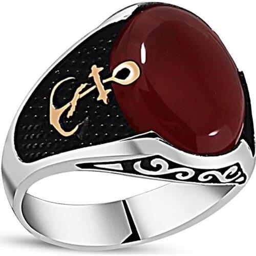 Solid 925 Sterling Silver Agate Stone Anchor Design Mens Ring
