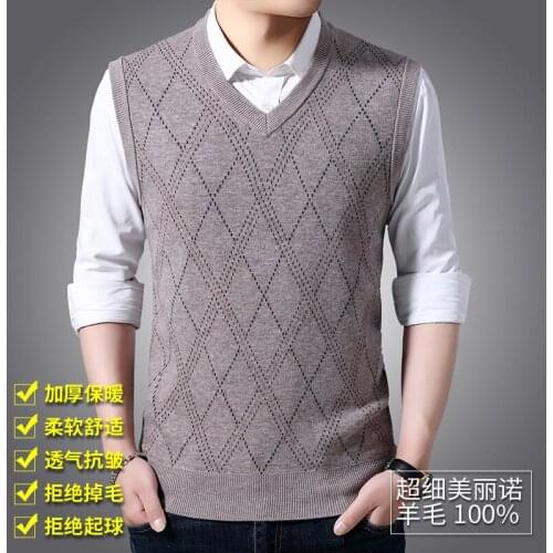 High Quality 100% Merino Wool Sweater Man Plaid Sleeveless Cashmere Jumper V-Neck Thicken Warm Vest Knit Clothing