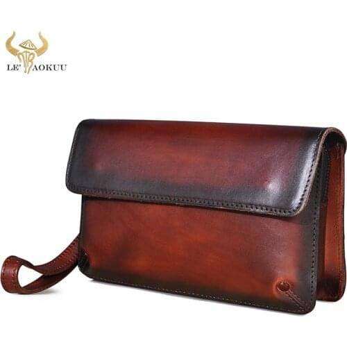 New Trend Luxury Male Natural leather Retro Wine Underarm Bag Chain Organizer Wallet Purse Design Clutch Handbag For Men 5160