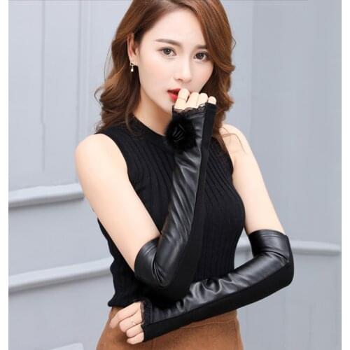 Wholesale New 2018 Real Sheepskin Gloves Winter Genuine Leather Cuff Long Arm Sleeve Half Finger Gloves Arm Lady Women