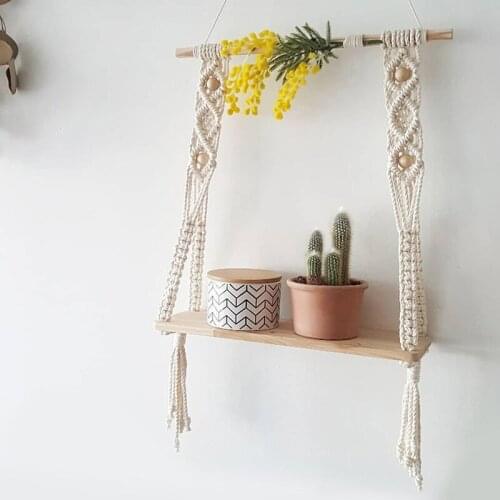 Simple Cotton Macrame Cords Tapestry Rack Wooden Shelves For Wall Bohemian Decorative Shelves Racks Wall Hanging Shelf Ornament