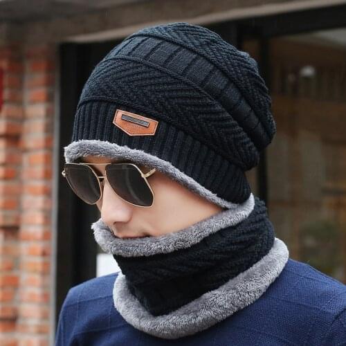 Winter Beanies Man Hat Scarf 2Pcs Set Plus Velvet Thick Face Caps Hood Women Outdoor Ear Protection Neck Warm Scarf Knitted Hat