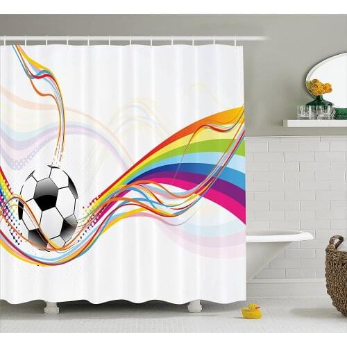 Soccer Shower Curtain Rainbow Swirled Lines Abstract Football Colorful Stripes Waterproof Polyester Bath Curtain With Hooks