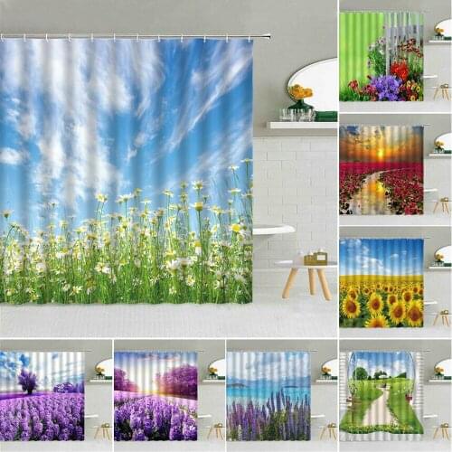 Spring Flower Scenery Shower Curtain Blue Sky Daisy Lavender Red Flowers Landscape Bath Decor Waterproof Fabric Hooks Curtains