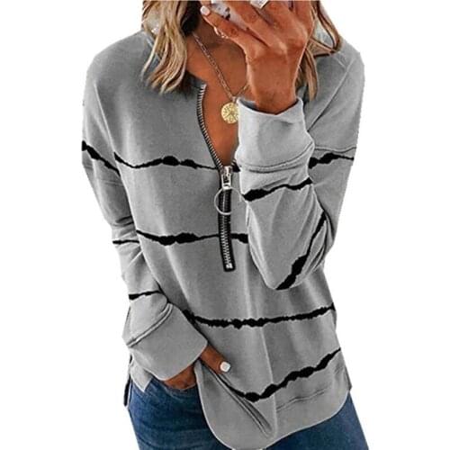 Vintage Loose Blouse Women Fashion Sexy Zipper V-Neck Striped Ladies Long Sleeve Shirts 2021 Autumn Female Casual Street Tops