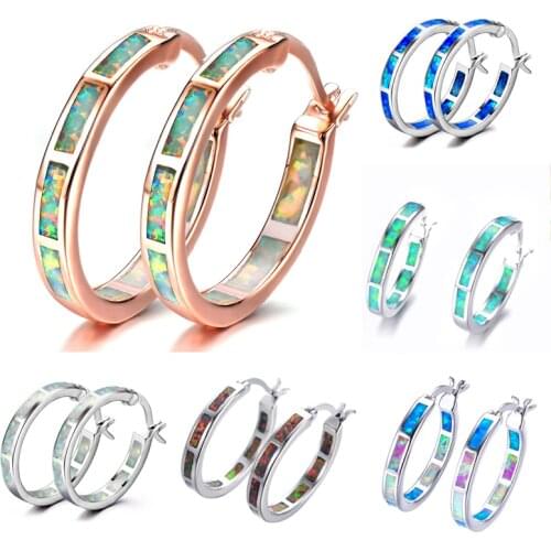 Boho Female Blue White Fire Opal Earrings Small Round Circle Hoop Earrings For Women Silver Color Rose Gold Earrings