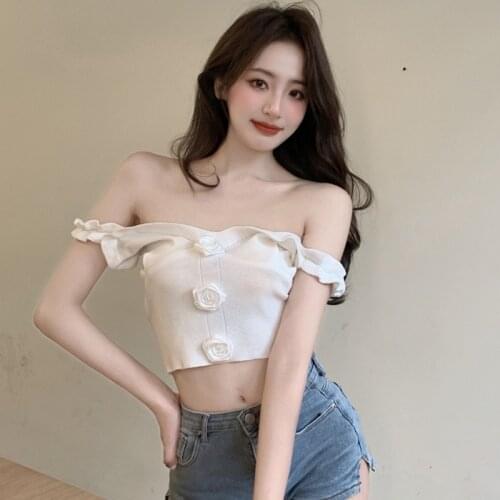 Summer Wear Korean Style Women Camis Summer Solid Color V Neck Flower Sexy Navel Knitted Tank Tops