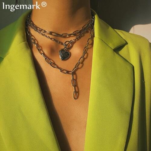 Punk Cuban Choker Necklace Collar Statement Steampunk Love Heart Lasso Big Chunky Iron Chain Necklace for Women Festival Jewelry