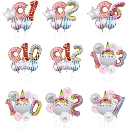 32inch Doughnut Number Balloons Foil Rainbow Figure Balloon Unicorn Set Childrens Birthday party Decorations kids Baby Shower