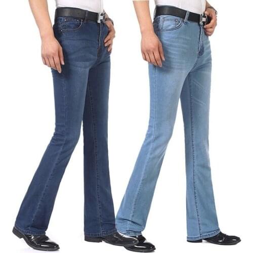 Free Shipping 2018 New Summer Thin Fabric Mens Business Casual Jeans Mid Waist Plus Size Semi-flared Bell Bottom Flare Trousers