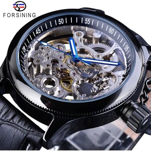 Forsining Clock Skeleton Blue Hands Black Watches Screw Crown Cap Design Men Mechanical Wristwatches Luminous Hands Uhren Herren
