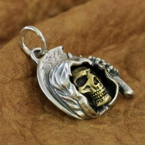 Brass Skull 925 Sterling Silver Sickle Death Pendant Mens Punk Pendant TA53B JP