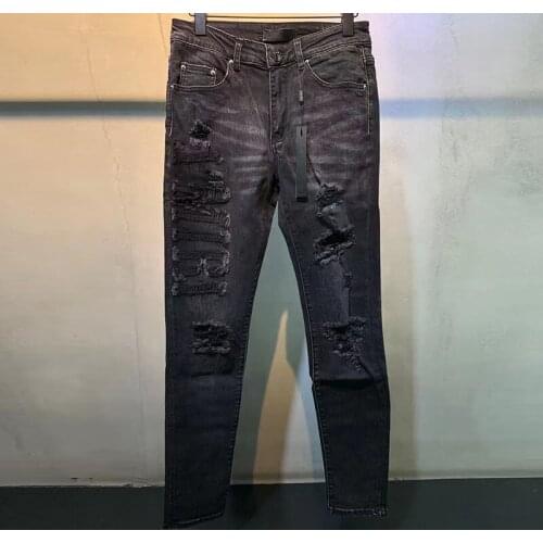 Black Ripped Designer Jean Men Pant Street Hole Letter Patchwork Men Jean Motorcycle Pant Men Punk Jean Hip Hop Hommes Jeans