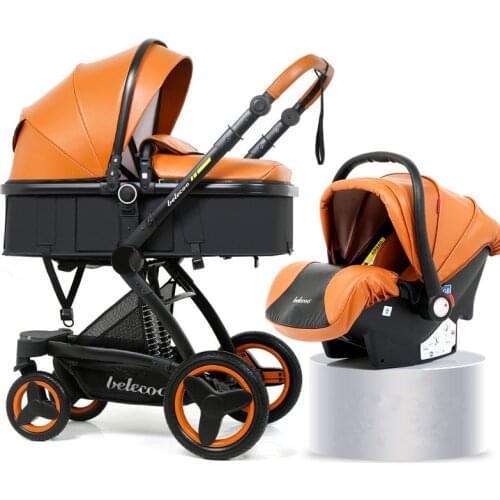 Belecoo Baby Stroller 3 in 1 High Landscape Luxury Travel Pram PU Leather Aluminum Alloy Frame With Car Seat Multiple Colour
