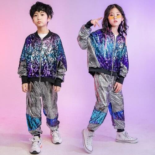 Kid Fashion Sequin Hip Hop Clothing Jacket Top Coat Short Streetwear Pants for Girls Boys Jazz Dance Costumes Set Clothes Wear