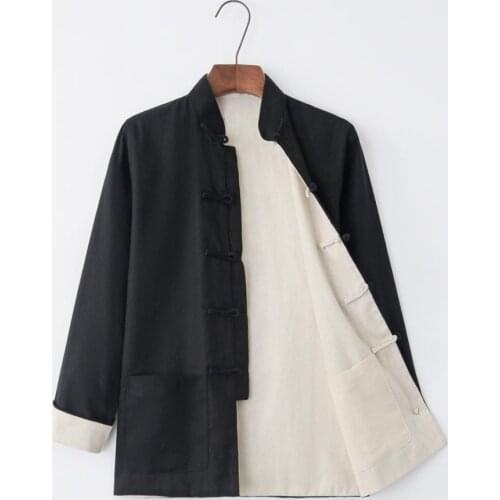 Reversible Autumn New Cotton Linen Chinese Traditional Men Long Sleeve Kung Fu Jacket Coat Tai Chi Uniform Clothing M-4XL