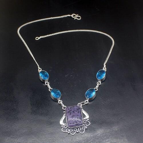 Gemstonefactory Jewelry Big Promotion 925 Silver Dalmatian Jasper Blue Topaz Ladies Women Chain Necklace 44cm 20213558