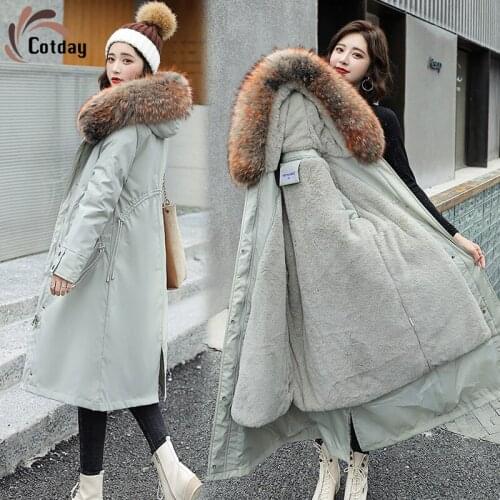Cotday Slim Parka Female 2021 New Fashion Detachable Collars Lambs Wool Bladder Over The Knee Zipper Parker Winter Long Coats