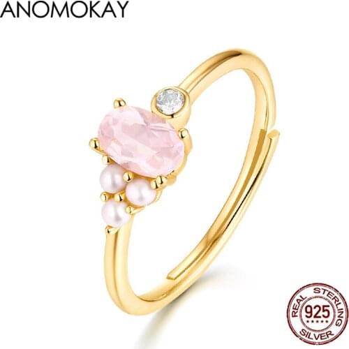 Anomokay Romantic Pink Crystal with Pearl Gold Color Ring for Engagement Party 100% 925 Sterling Silver Adjustable Rings Gift