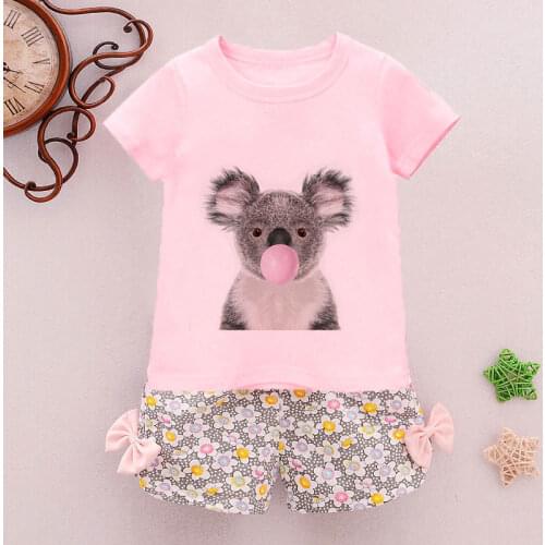 Cute Girls Clothes Sets Floral 2Pcs Cartoon Kids Top And Shorts Outfits For Girl Clothing Bow Knot Koala Blowing Bubbles Novelty