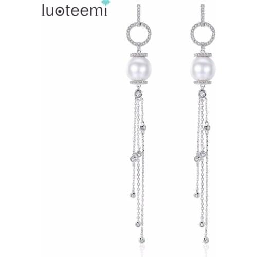 LUOTEEMI Fashion Korea Style Long Chain Tassel Drop Earrings CZ with Imitation Pearl Jewelry Elegant Dangle Brincos Girl Party