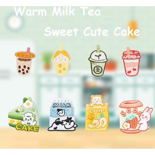AHYONNIEX Cute Warm Milk Tea Sweet Cake Milk Patches DIY Applique Embroidery Parches Fabric Stickers Iron On Patch for Clothes