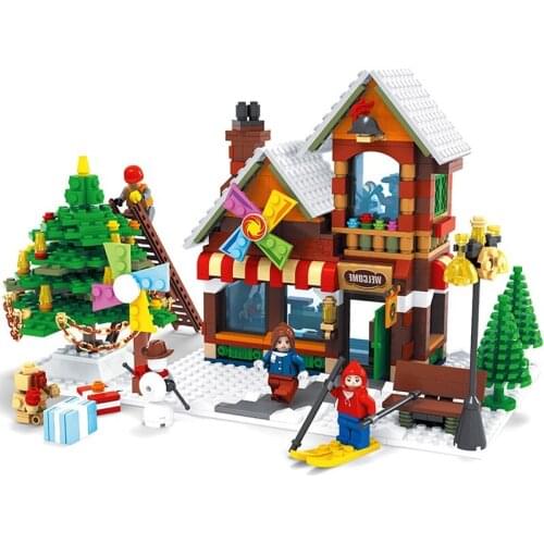 Mini Winter Toy Store Post Office Deer Cart Building Blocks City Christmas Street View Bricks Toys For Children Friends Gift