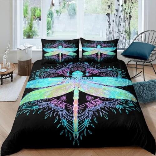 Fashion Dragonfly Butterfly Print Bedding Set Down Bedding Cover Pillowcase 2/3pcs Bedding Single Double King Queen Size