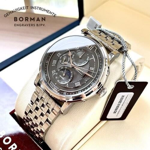 BORMAN Luxury Moon Phase Design 316L Stainless Steel Fashion Casual Wearing Scale Dial Mens Watch Waterproof 50M Automatic Watch